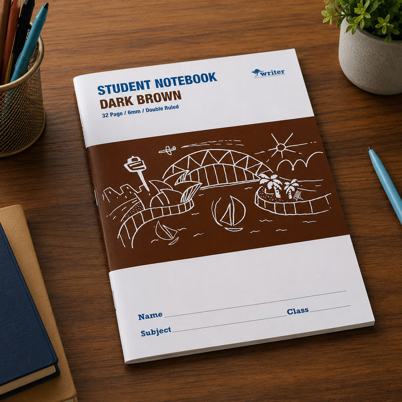 Writer Student Notebook 32 Page Double Ruled 6mm Dark Brown Pack 20