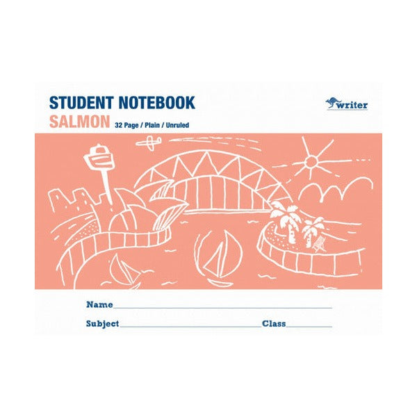 Landscape front of the Writer salmon student notebook printed 32 Page, Plain, Unruled, with a white harbour sketch