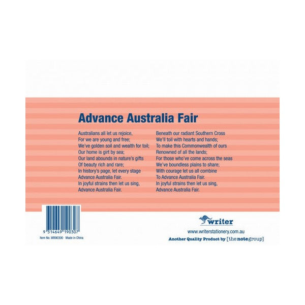 Landscape back cover of the Writer salmon notebook with Advance Australia Fair, barcode and Made in China print