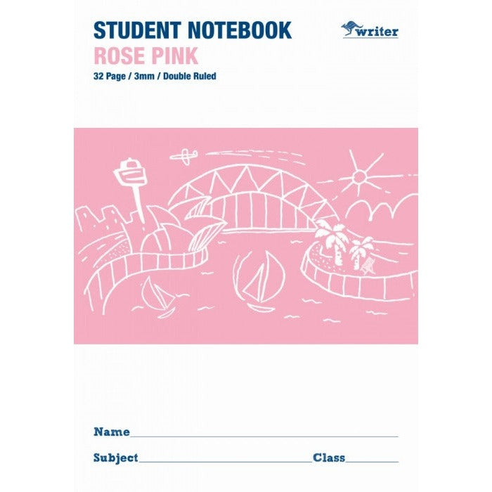 Front cover of a Writer rose pink student notebook printed 32 Page, 3mm, Double Ruled, with a Harbour Bridge drawing and name lines
