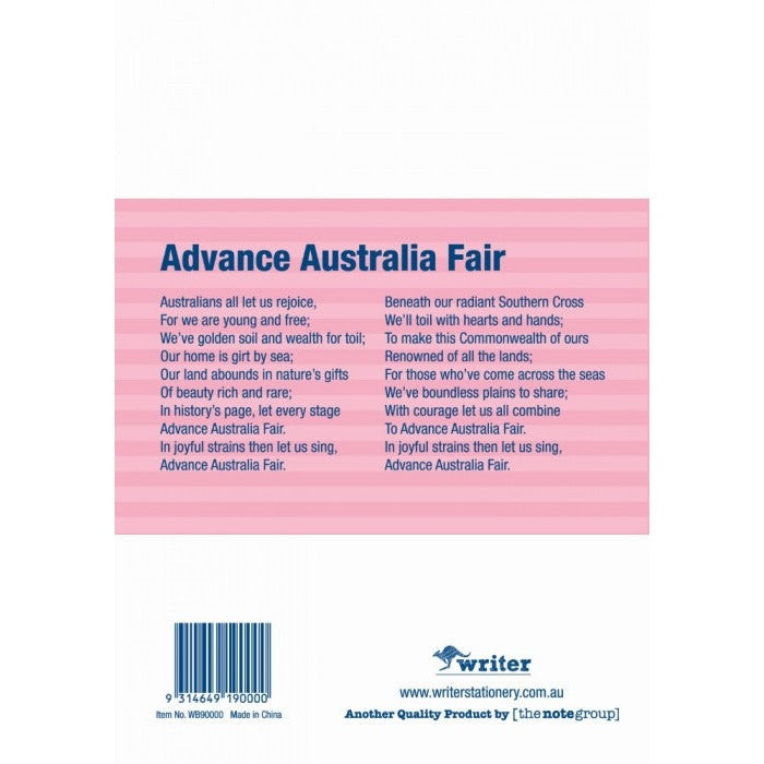 Back cover of the Writer rose pink notebook with Advance Australia Fair, barcode, item number and Made in China