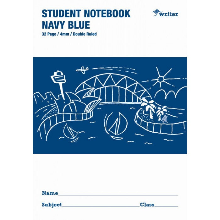 Front cover of a Writer navy blue student notebook printed 32 Page, 4mm, Double Ruled, with a white harbour drawing