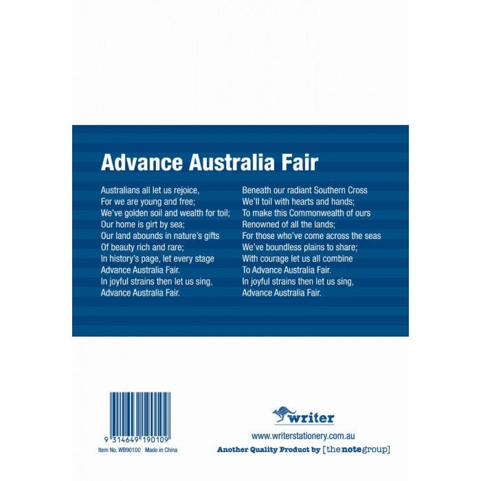 Back of the Writer navy blue student notebook with Advance Australia Fair lyrics, barcode and item number