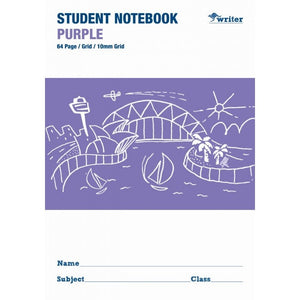 Front cover of the Writer purple student notebook printed 64 Page Grid 10mm Grid, with a white harbour sketch on a purple band