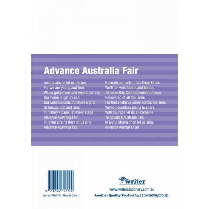 Back cover of Writer WB91700 with the words of Advance Australia Fair on a purple band and the barcode panel below