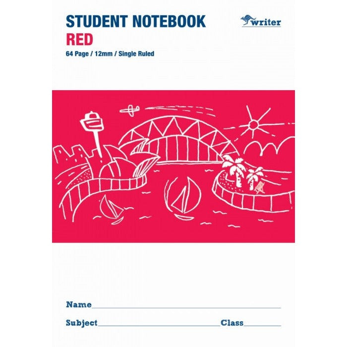 Writer red student notebook front printed 64 Page, 12mm, Single Ruled, with a harbour sketch and name lines