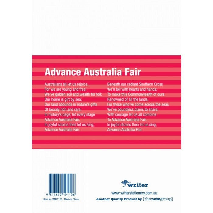 Back cover of the Writer red notebook with Advance Australia Fair, barcode and Made in China print
