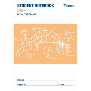 Front of the Writer buff student notebook printed 64 Page, Plain, Unruled, with a white harbour drawing and name lines