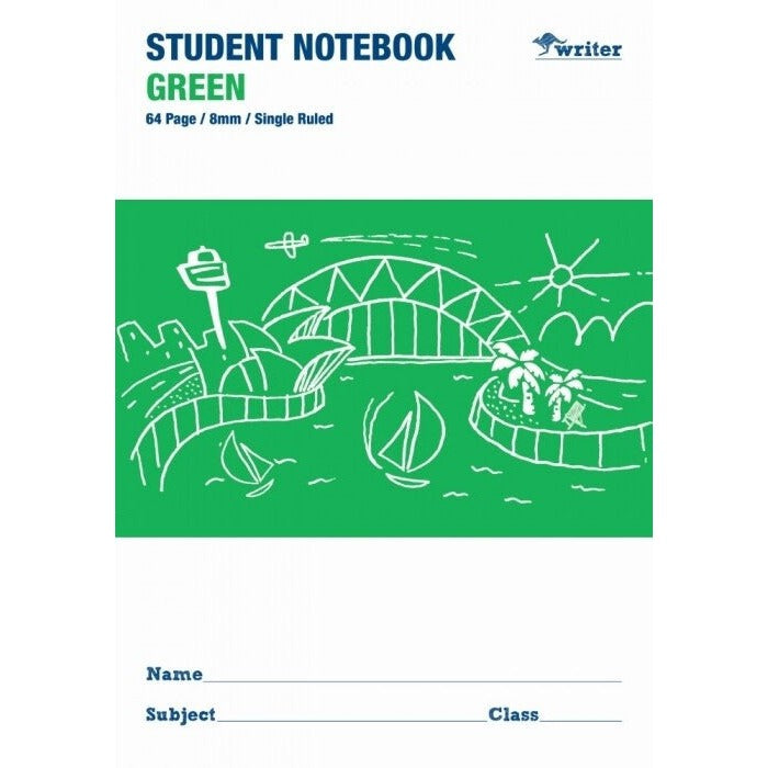 Writer Student Notebook 64 Page Single Ruled 8mm Green Pack 20 - image 1
