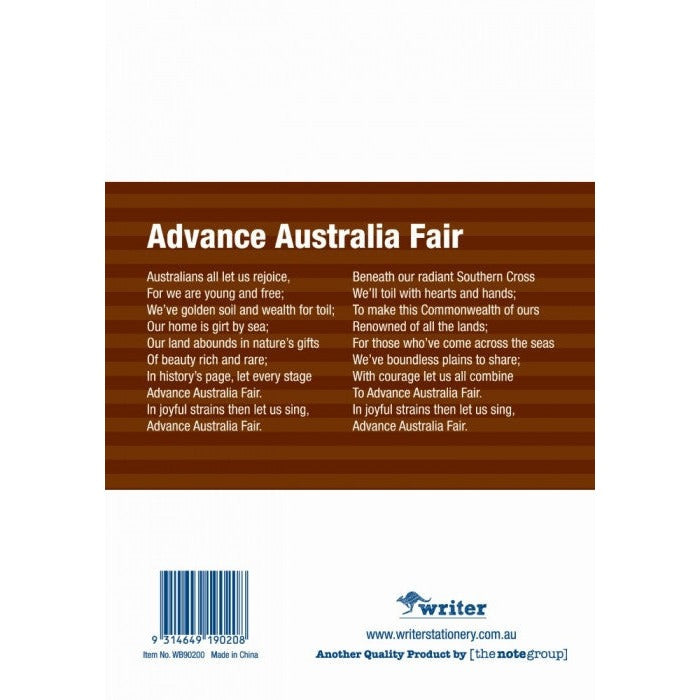 Writer dark brown notebook back cover with Advance Australia Fair, barcode and Made in China print