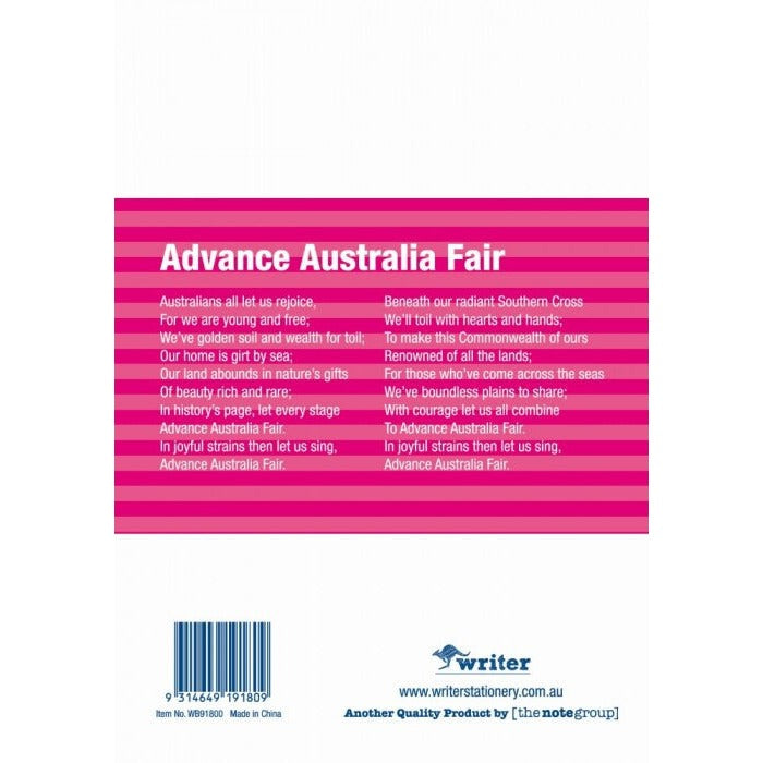 Back cover of the Writer ruby notebook with Advance Australia Fair on a magenta panel, barcode and Made in China print