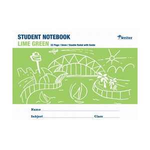Landscape front of the Writer lime green student notebook printed 32 Page, 8mm, Double Ruled with Guide, with name and class lines