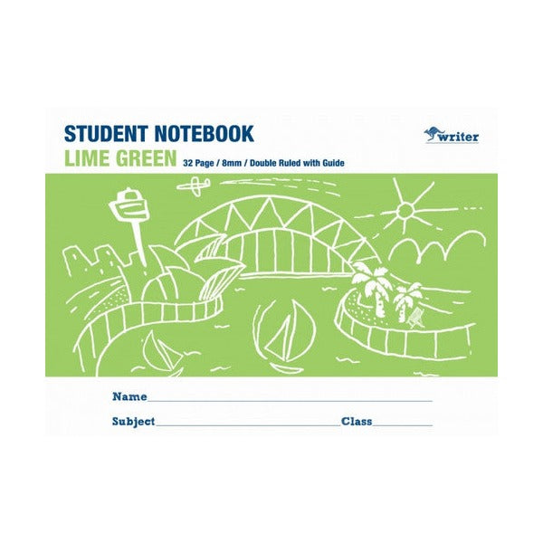 Landscape front of the Writer lime green student notebook printed 32 Page, 8mm, Double Ruled with Guide, with name and class lines