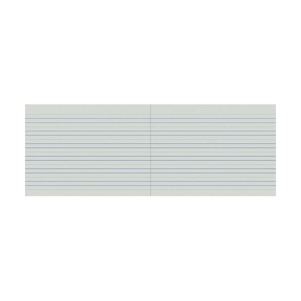 Open landscape Writer 8mm notebook spread with blue ruled lines and guide lines on a grey page tone