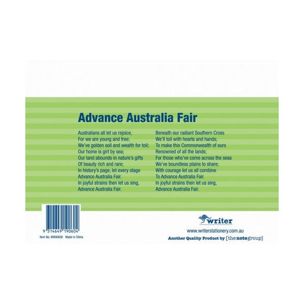 Landscape back cover of the Writer lime green notebook with Advance Australia Fair, barcode and item number