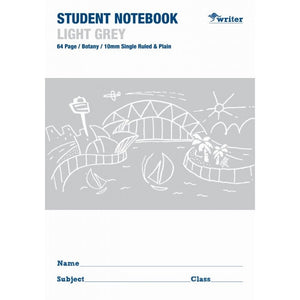 Writer light grey student notebook front printed 64 Page, Botany, 10mm Single Ruled and Plain, with name and class lines