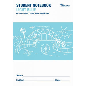 Writer light blue student notebook front printed 64 Page, Botany, 12mm Single Ruled and Plain, with name and class lines