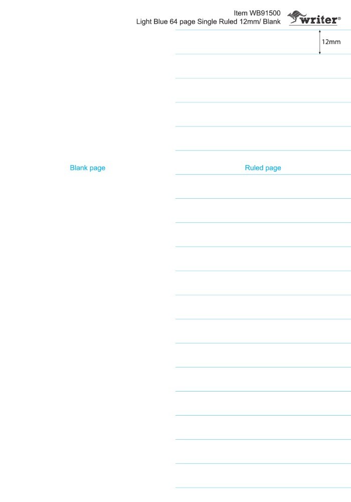 The Note Group diagram for Writer WB91500 labelled Blank page on the left and Ruled page on the right with a 12mm mark