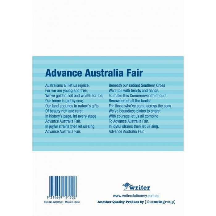 Back cover of the Writer light blue botany notebook with Advance Australia Fair, barcode and Made in China print