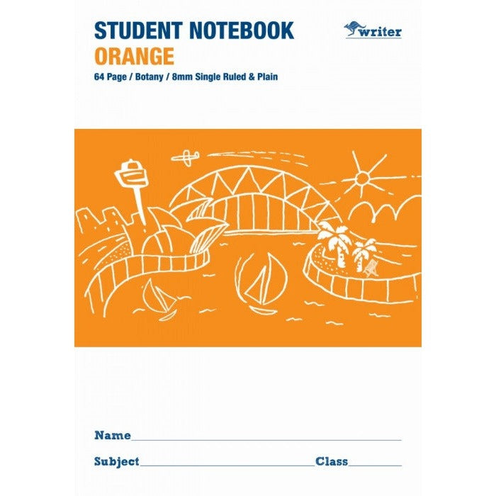 Writer orange student notebook front printed 64 Page, Botany, 8mm Single Ruled and Plain, with name and class lines