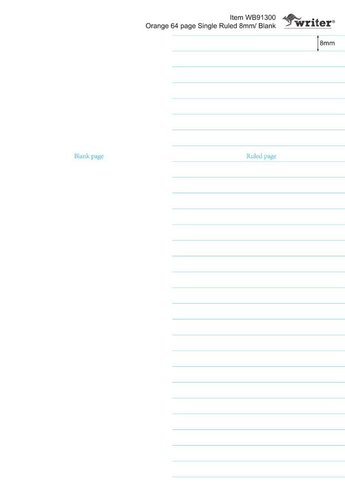 The Note Group diagram for Writer WB91300 labelled Blank page on the left and Ruled page on the right with a 8mm mark