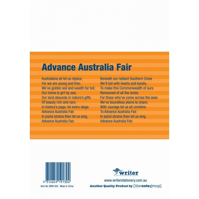 Back cover of the Writer orange botany notebook with Advance Australia Fair, barcode and Made in China print