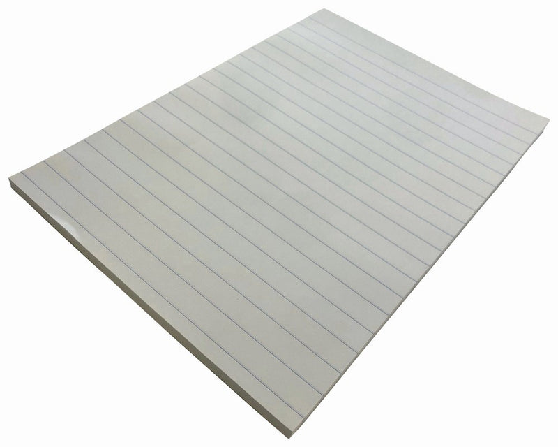 Writer 14mm solid ruled A4 pad lying at an angle without its band, showing widely spaced blue lines across the top sheet