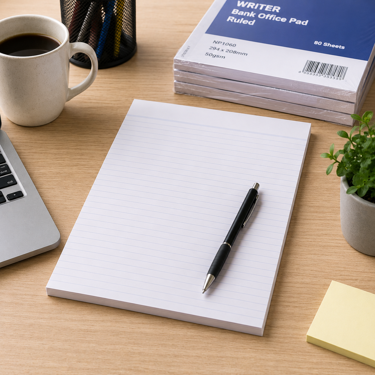 Writer bank office pad with pen in modern workspace beside laptop, coffee mug and stationery