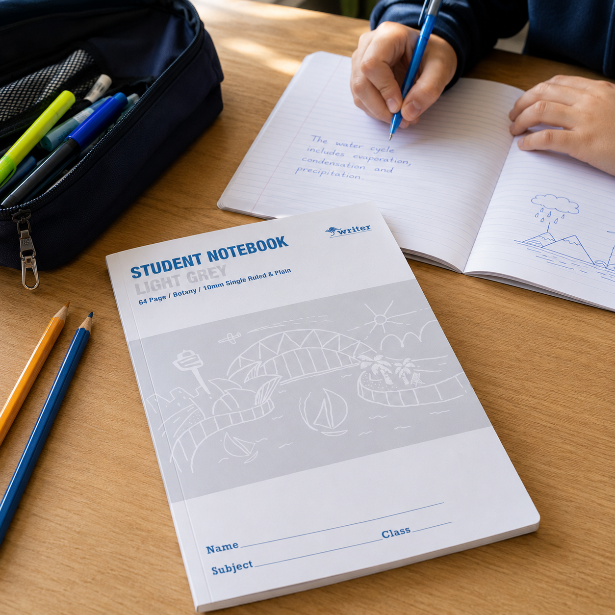 Student notebook on a desk with a child writing in another notebook.