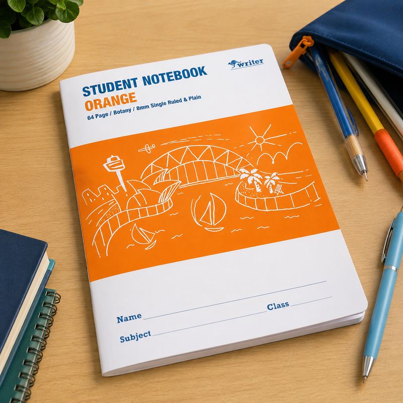 Orange student notebook on a wooden surface with stationery items.