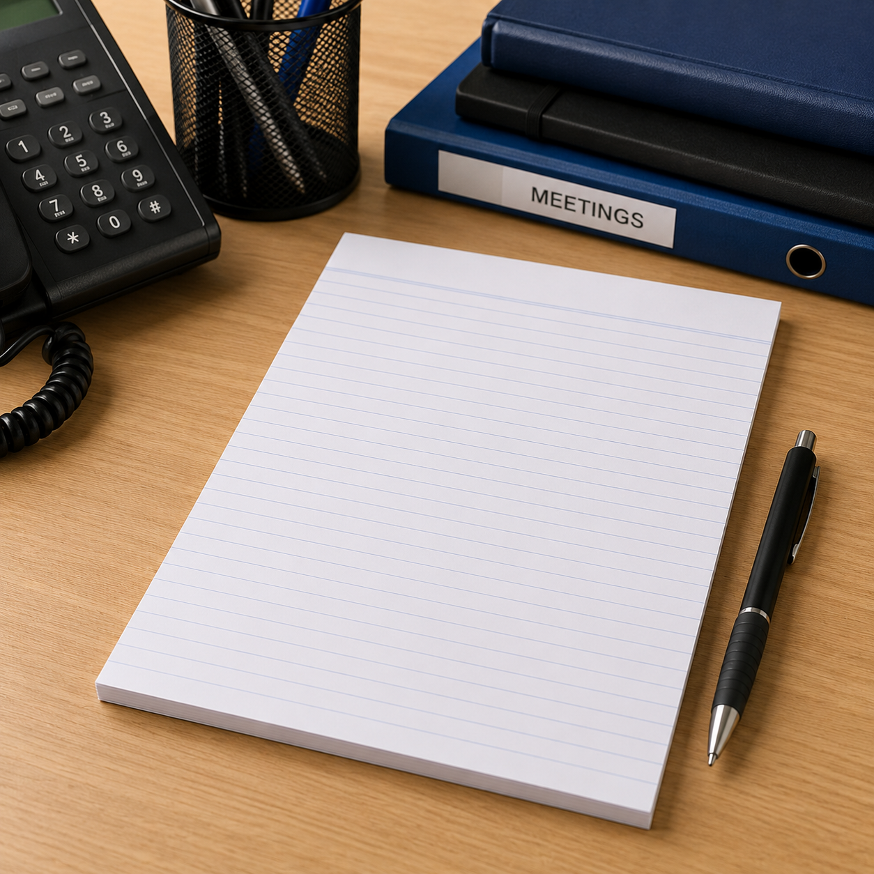 Writer ruled office pad on desk beside phone, pen cup and meeting folders for workplace note taking