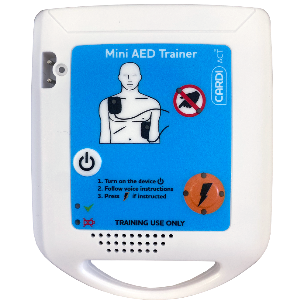 CARDIACT Mini AED Trainer showing compact lightweight AED training device for portable community and workplace defibrillation skills practice