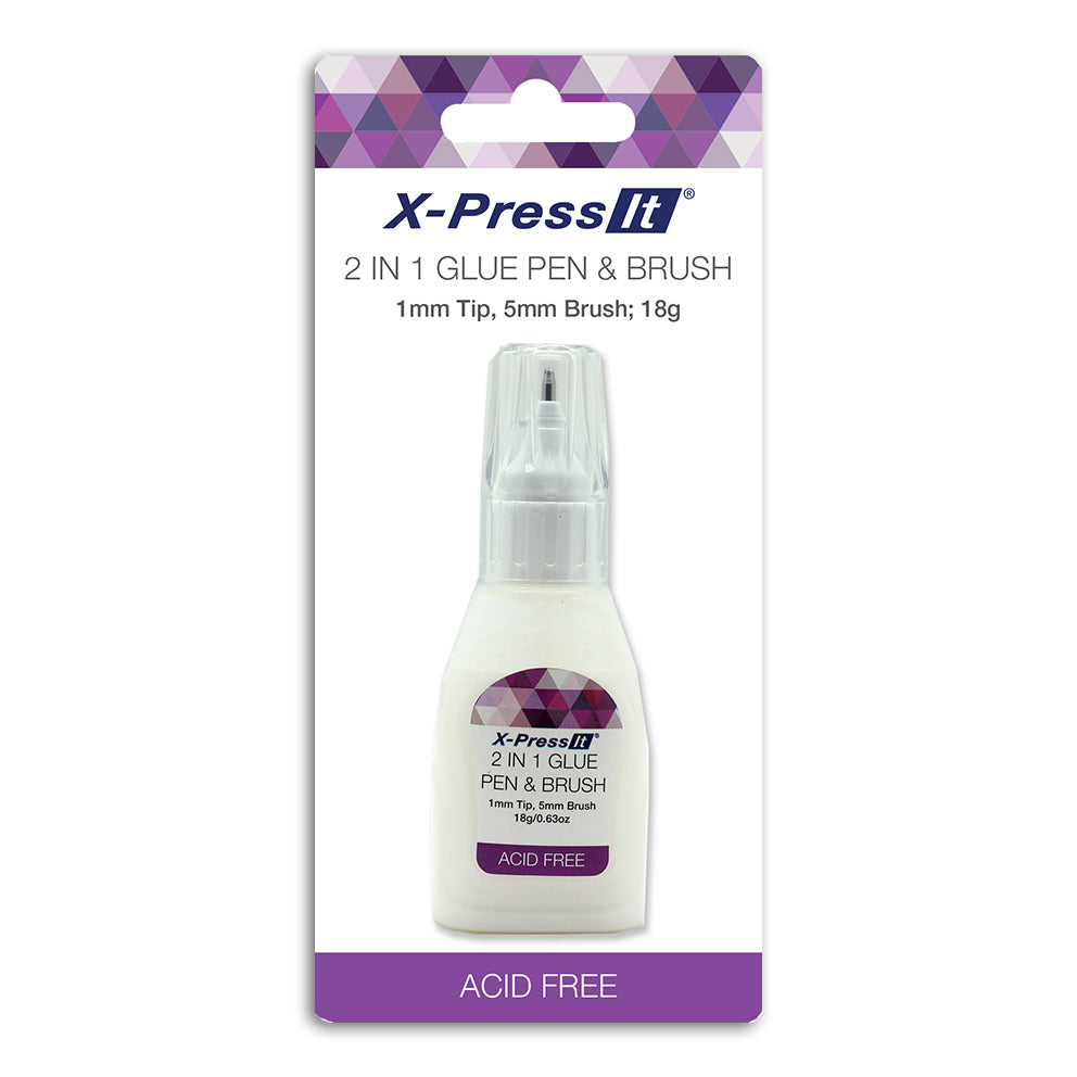 X-Press It 2 in 1 Glue Pen and Brush on its purple and white hanging card printed 1mm Tip, 5mm Brush, 18g
