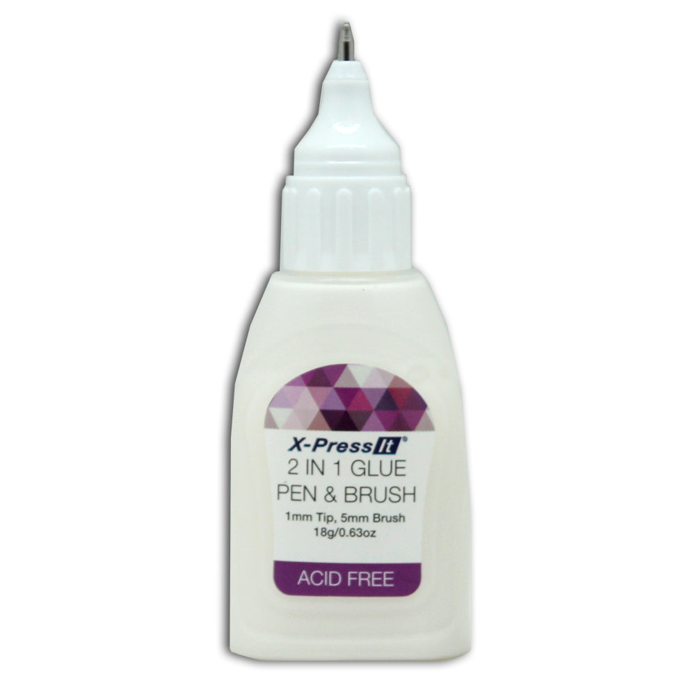 X-Press It 2 in 1 Glue Pen and Brush bottle uncapped, showing the fine metal 1mm pen tip on the white nozzle