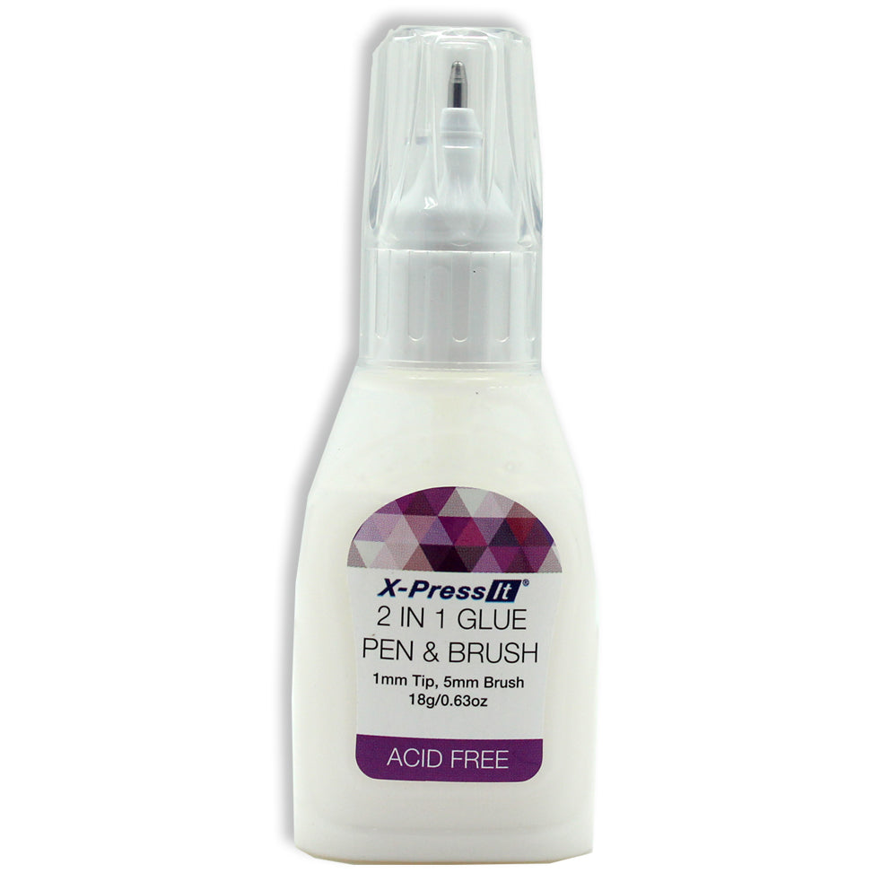 X-Press It 2 in 1 Glue Pen and Brush bottle with clear cap fitted over the pen tip, front label view