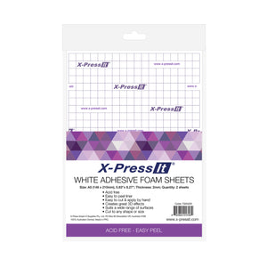 X-Press It White Adhesive Foam Sheets pack, A5 size, 2mm thick, two sheets with gridded liner visible