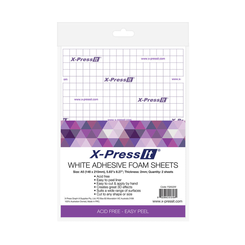 X-Press It White Adhesive Foam Sheets pack, A5 size, 2mm thick, two sheets with gridded liner visible