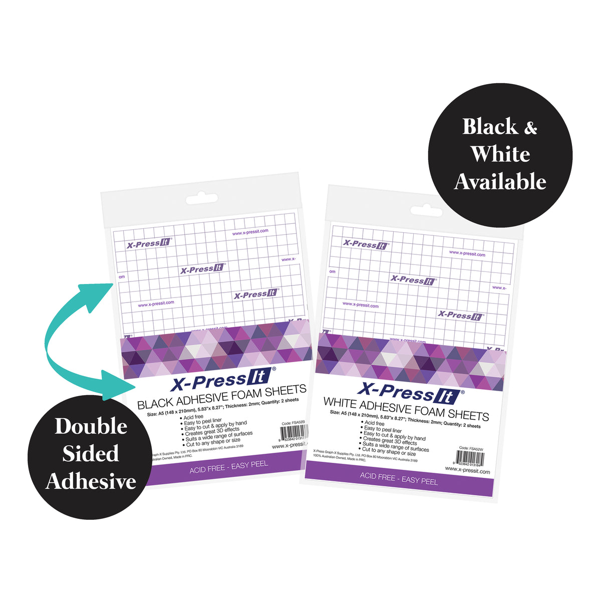Black and white X-Press It adhesive foam sheet packs side by side with labels for double sided adhesive