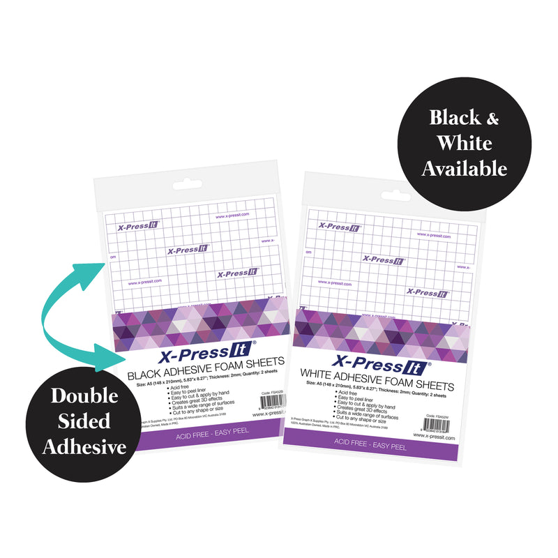 Black and white X-Press It adhesive foam sheet packs side by side with labels for double sided adhesive