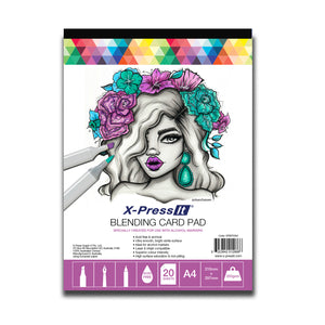 X-Press It Blending Card Pad A4 250gsm front cover with a floral crowned portrait in purple and teal and a pink icon band showing 20 sheets and A4