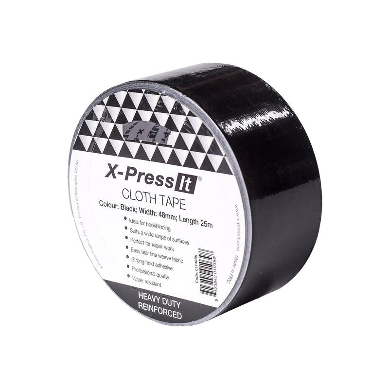 X-Press It black cloth tape roll at an angle, glossy woven tape surface beside the printed label