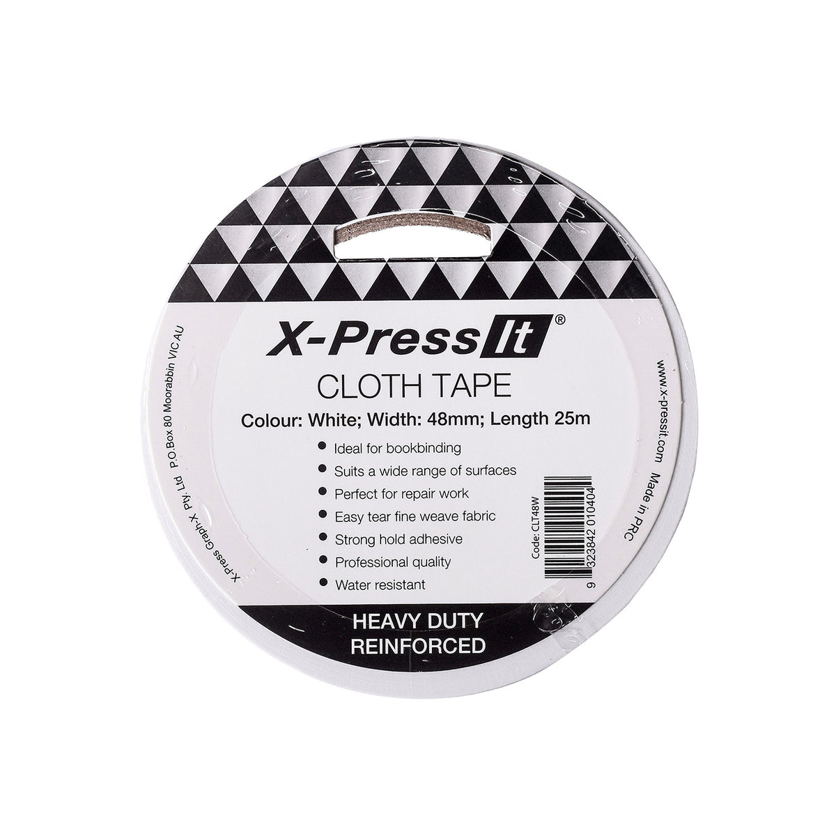 X-Press It white cloth tape roll front label showing colour white, 48mm width, 25m length and listed uses
