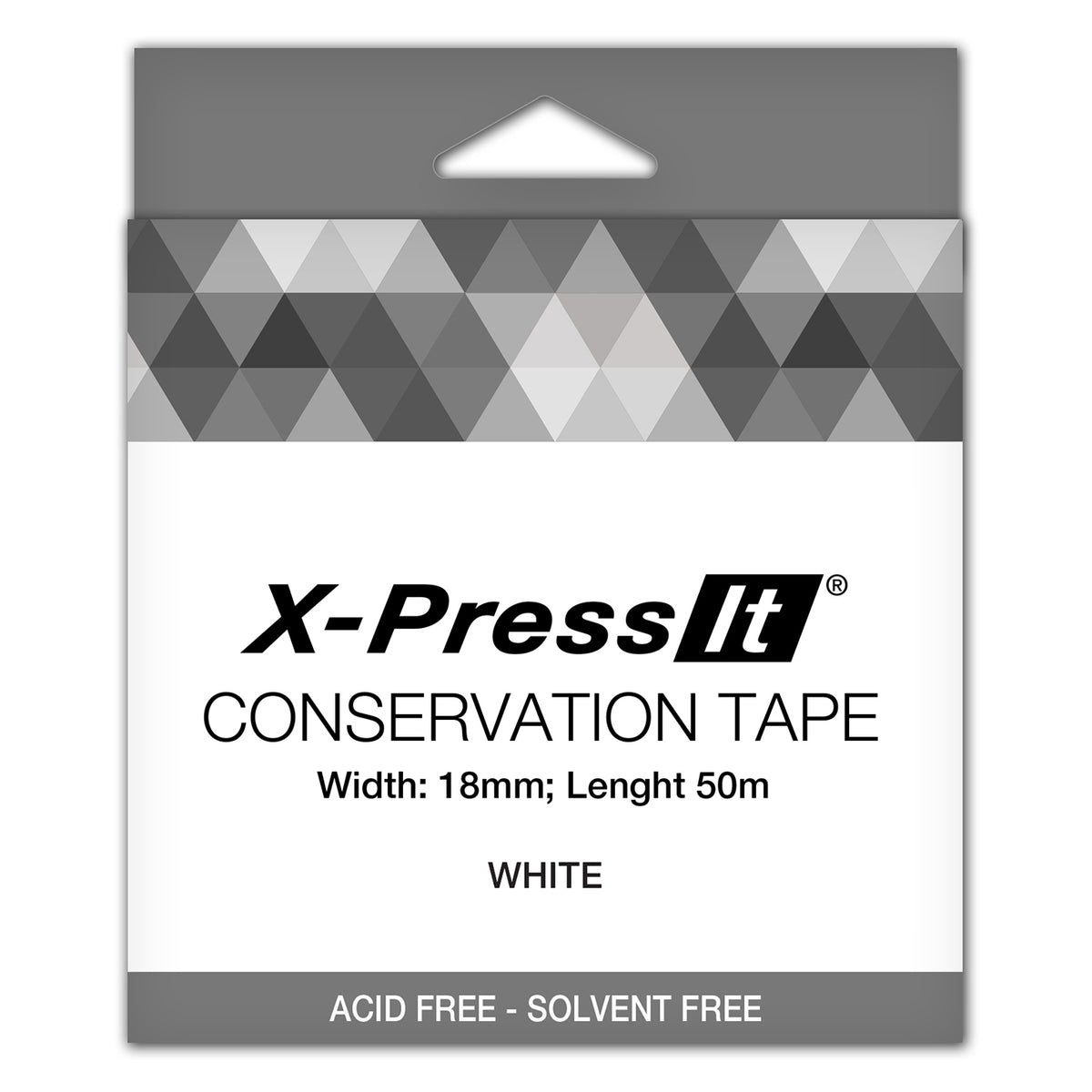 X-Press It Conservation Tape white pack, grey header card printed 18mm width, 50m length and acid free solvent free