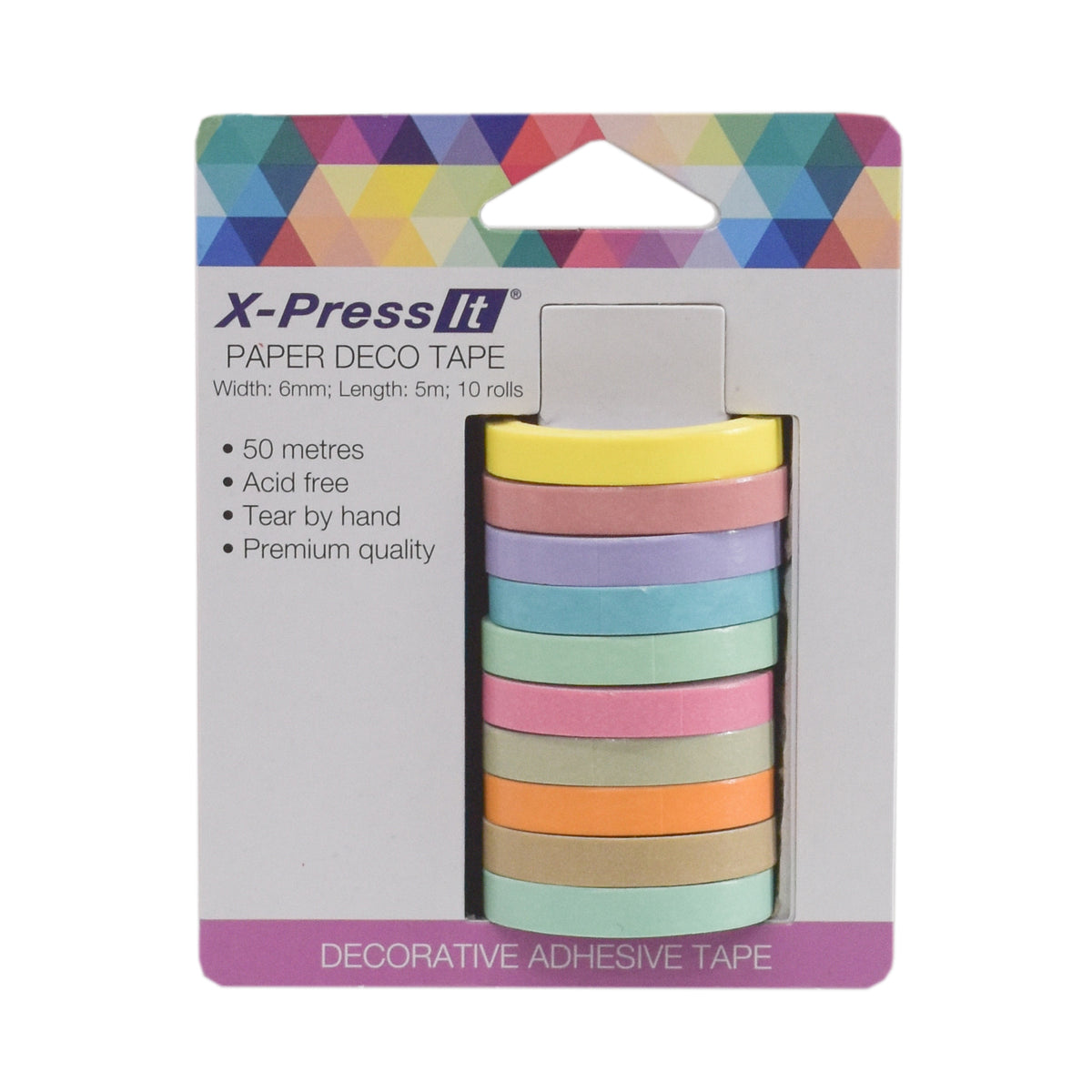 X-Press It Paper Deco Tape card holding ten 6mm rolls in yellow, salmon, lilac, aqua, mint, pink, beige, orange, kraft and green