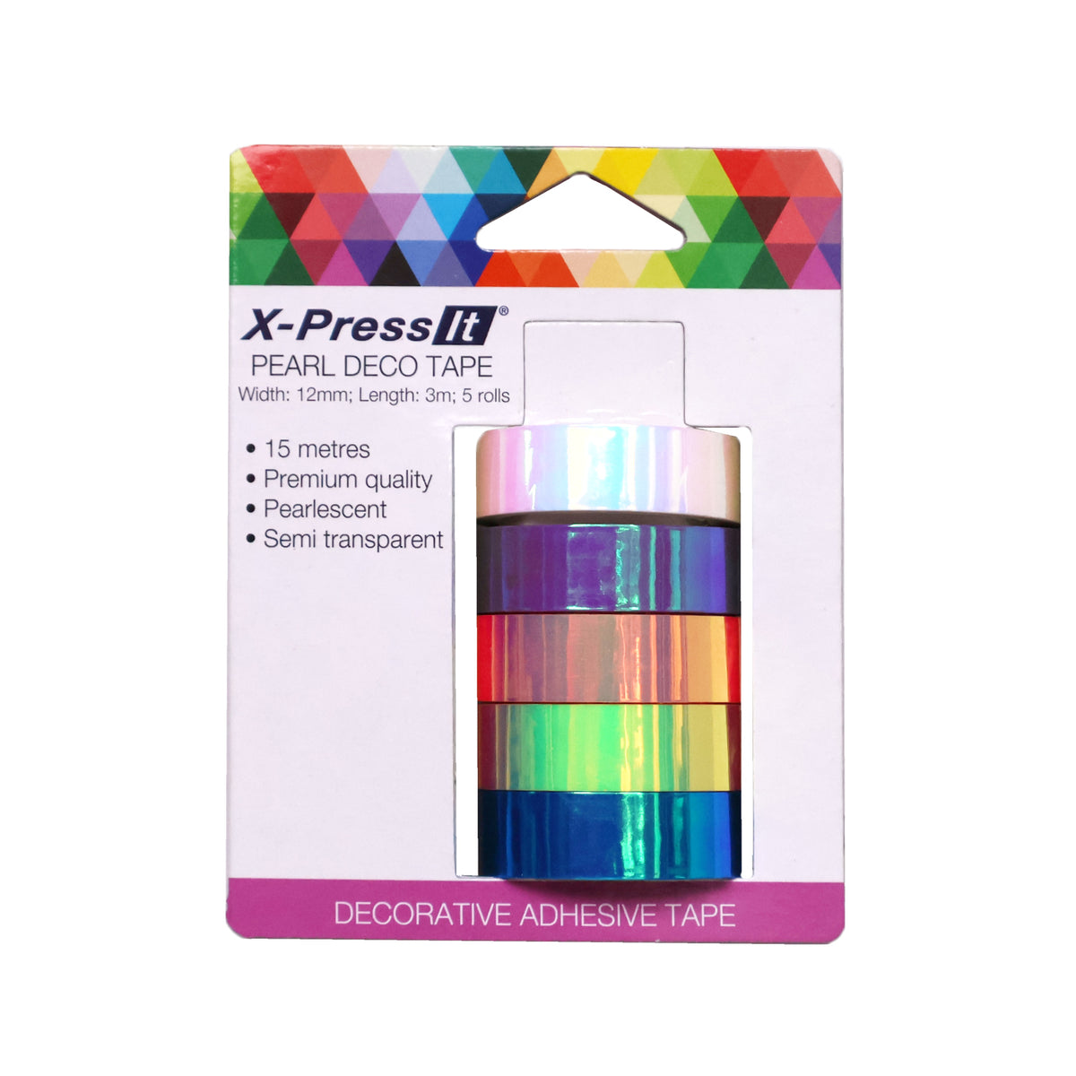 X-Press It Pearl Deco Tape card showing five 12mm iridescent rolls with a rainbow sheen