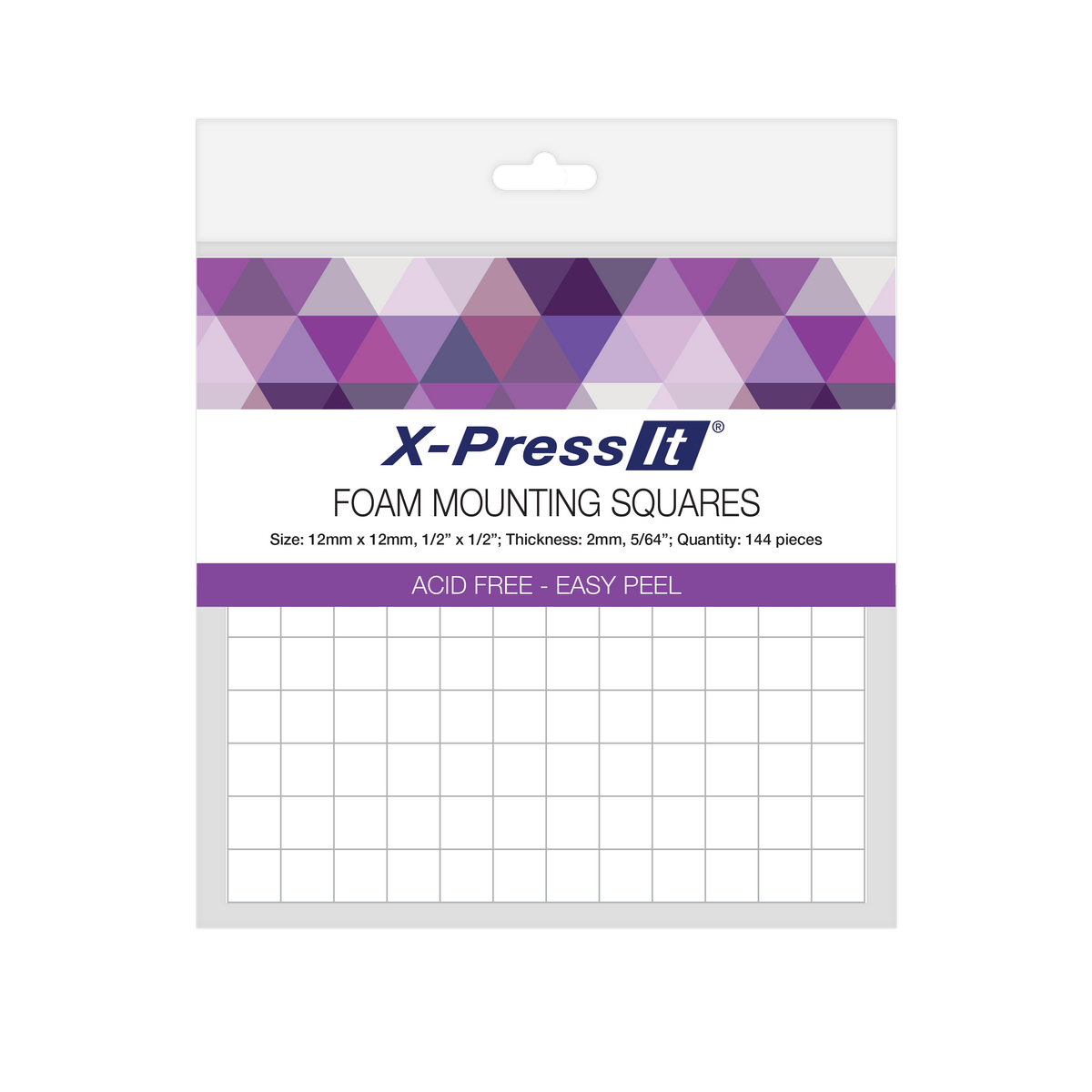 Outlined front of the X-Press It Foam Mounting Squares 12mm pack with acid free and easy peel band