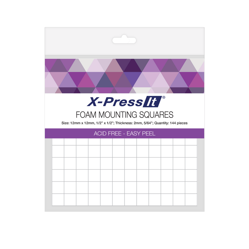 Outlined front of the X-Press It Foam Mounting Squares 12mm pack with acid free and easy peel band