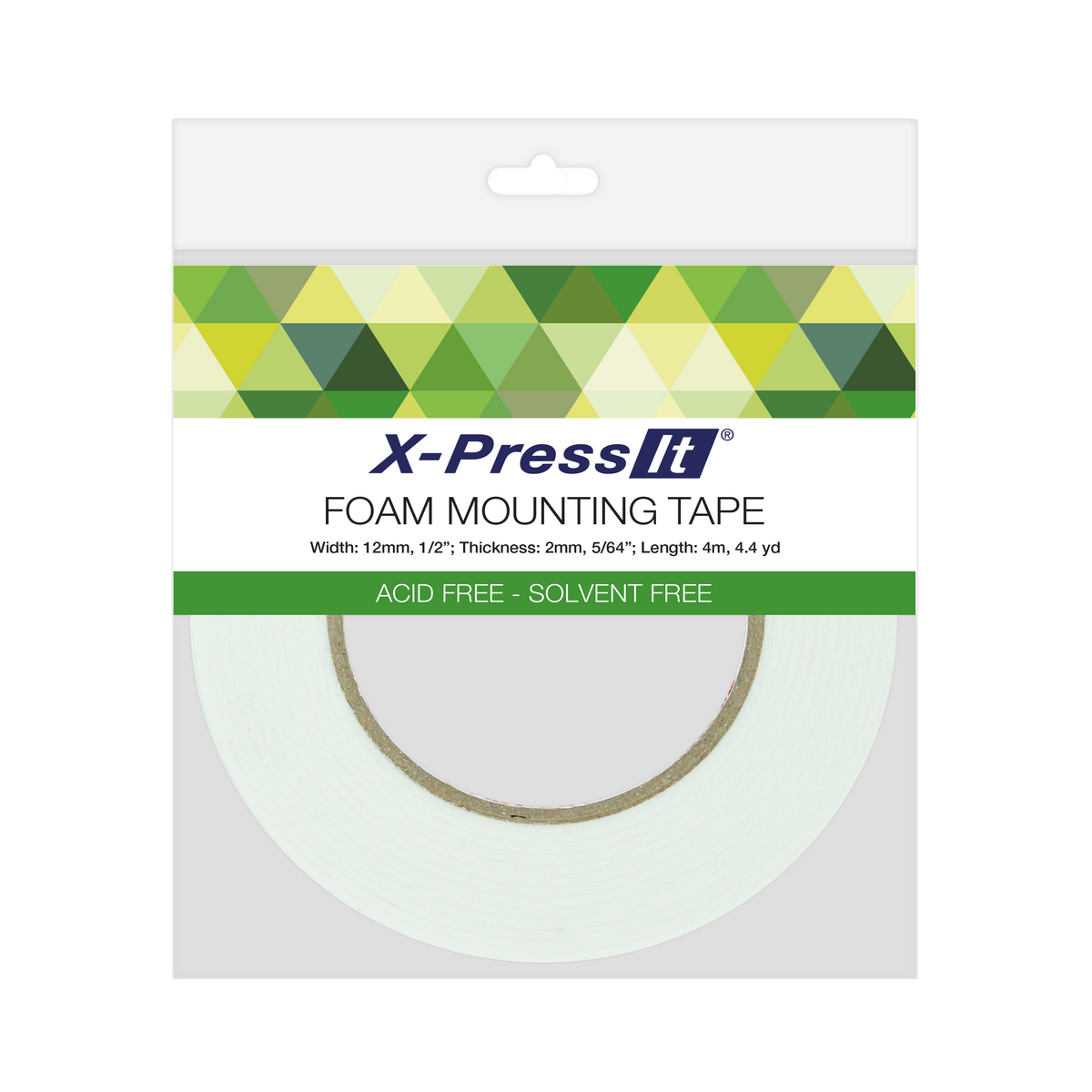 X-Press It Foam Mounting Tape hang pack with green band, 12mm width, 2mm thickness, 4m length