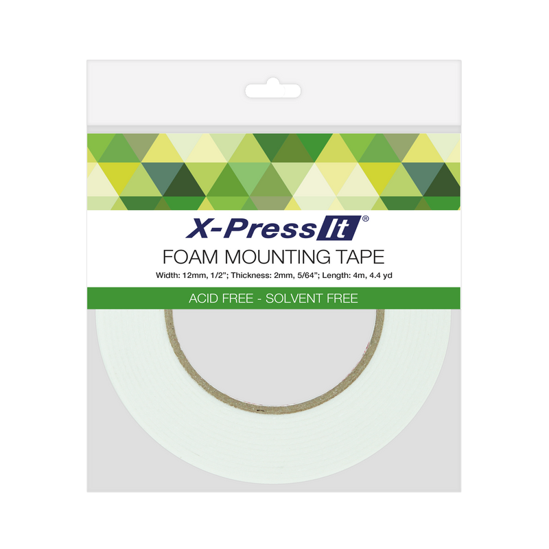 X-Press It Foam Mounting Tape hang pack with green band, 12mm width, 2mm thickness, 4m length