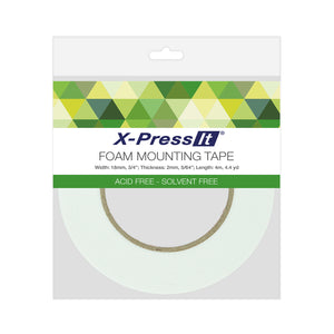 X-Press It Foam Mounting Tape hang pack, 18mm wide by 2mm thick by 4m, with white foam roll visible below the green band